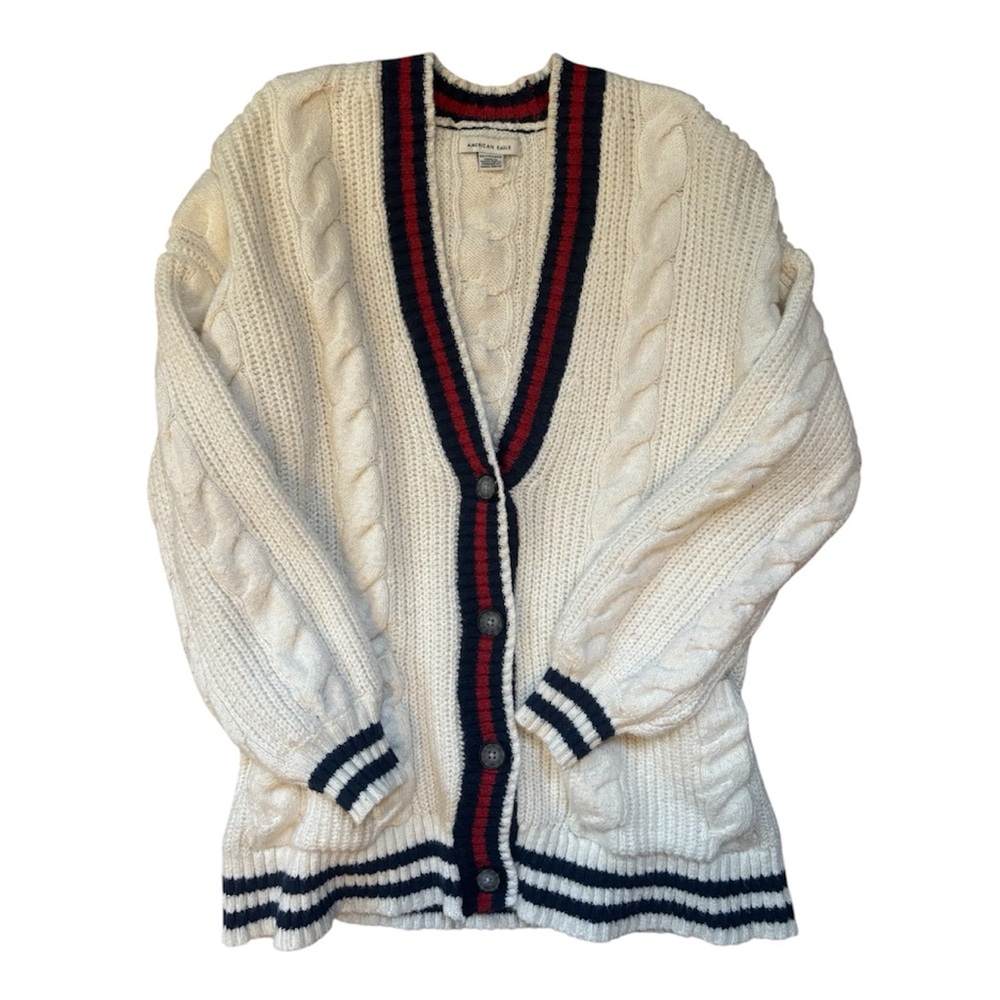 American Eagle Outfitters White Cable Knit Cardigan with Black and Red Trim